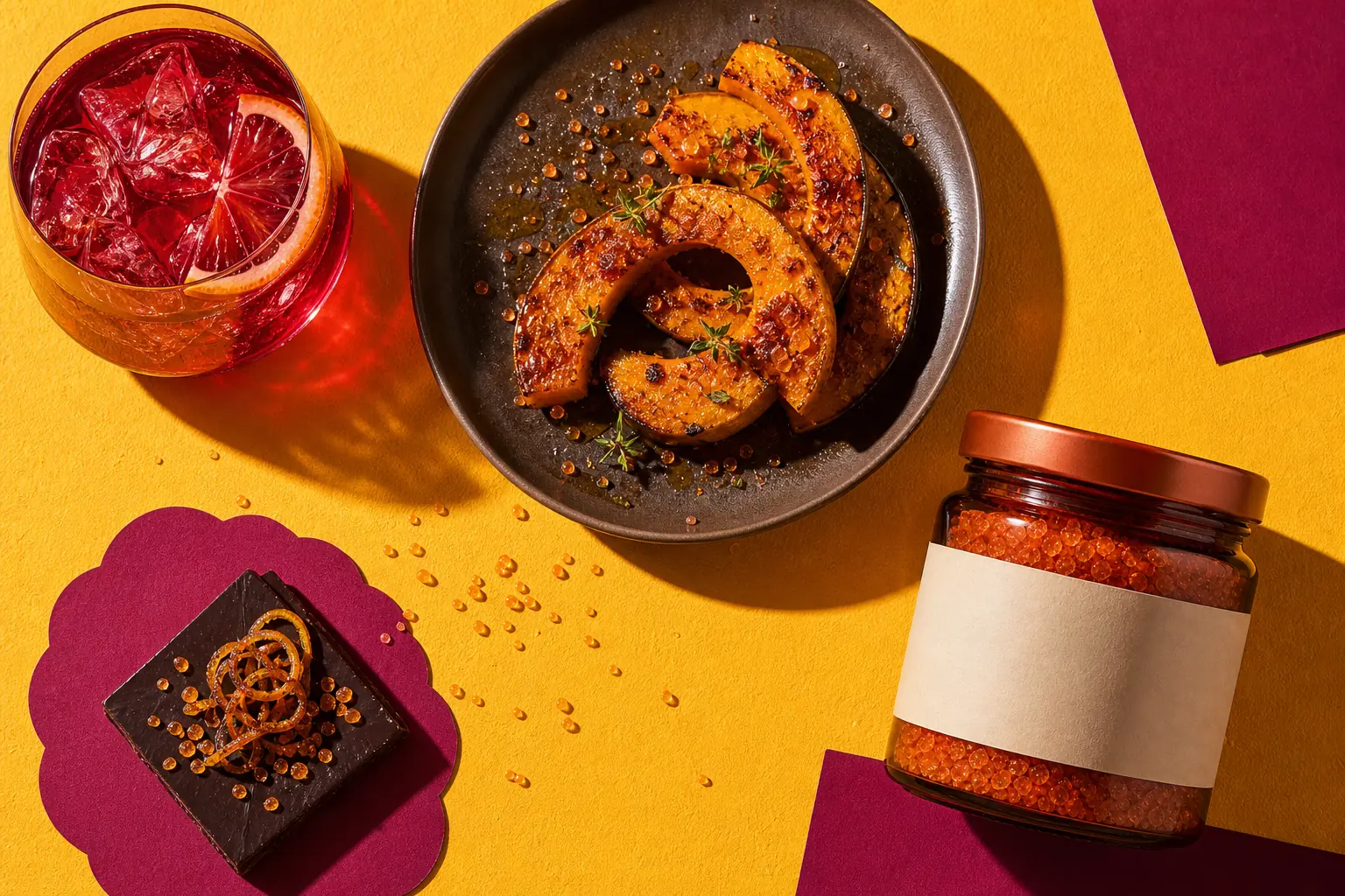 Overhead campaign scene with a Vantrel concept jar, citrus spritz, charred squash, and dark chocolate